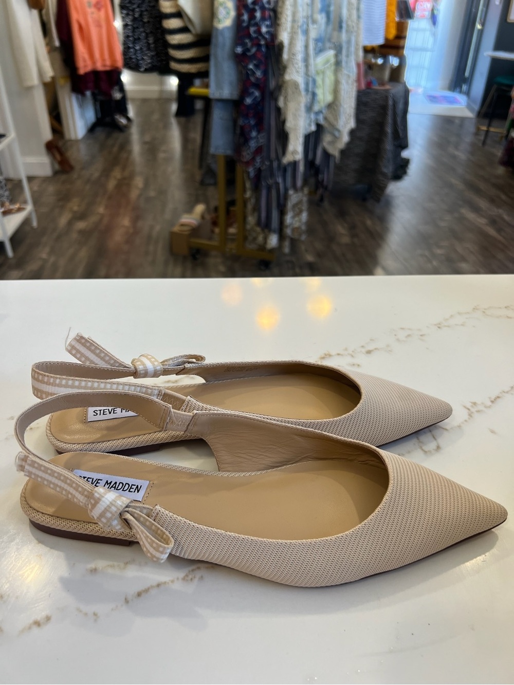 Steve Madden Women's Cream Pointed Knit Slingback Flat with Bow - Picture 3 of 5